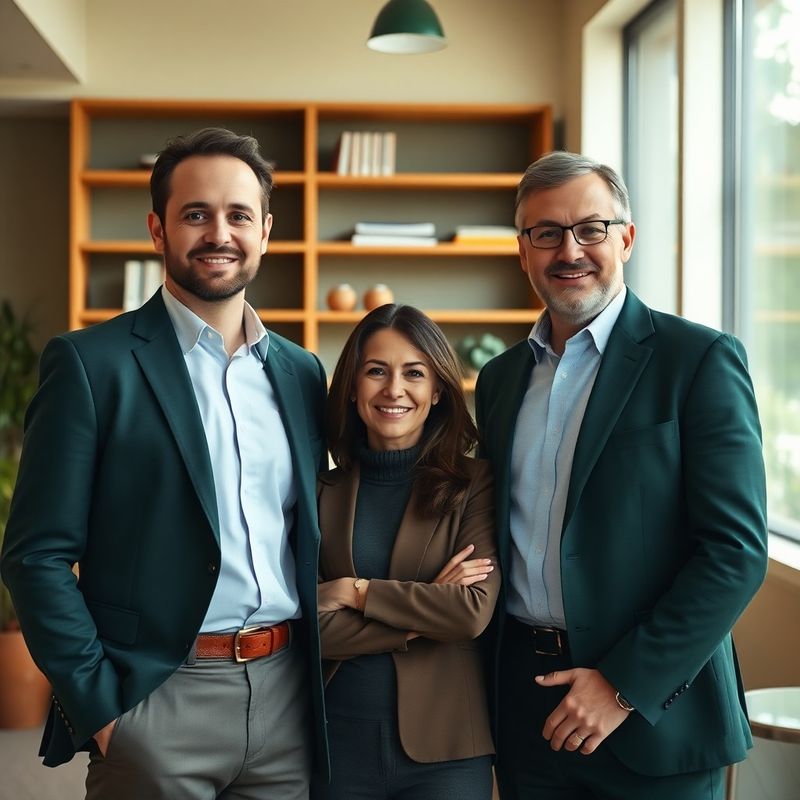 Portret al echipei Grup Stan într-un interior crem și verde forest